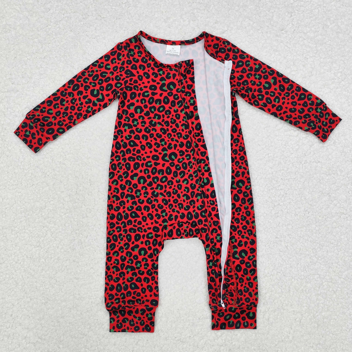 LR1962 Green Red Leopard Print Baby Girls Sleeper Zipper Romper