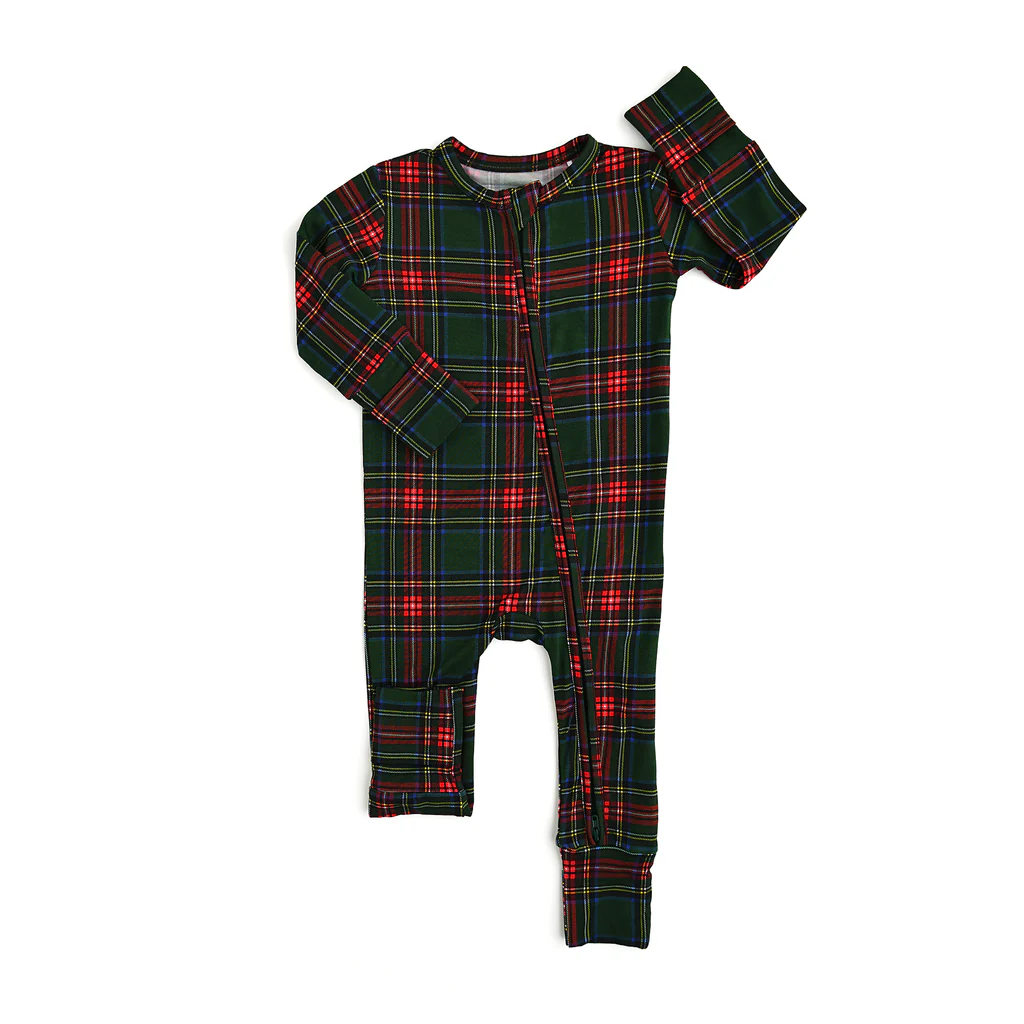 (Pre-order)LR1963 Green Plaid Print Baby Christmas Sleeper Zipper Romper