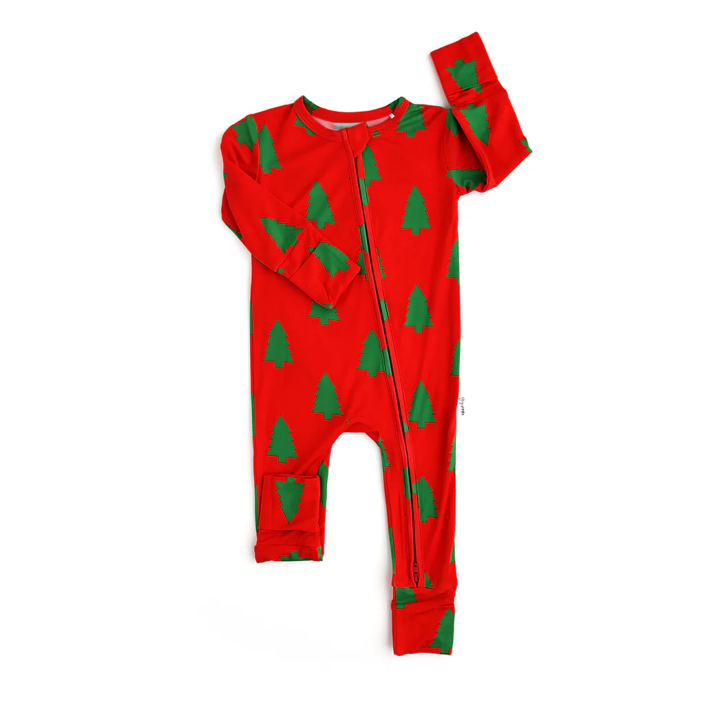 (Pre-order)LR1964 Tree Red Green Print Baby Christmas Sleeper Zipper Romper