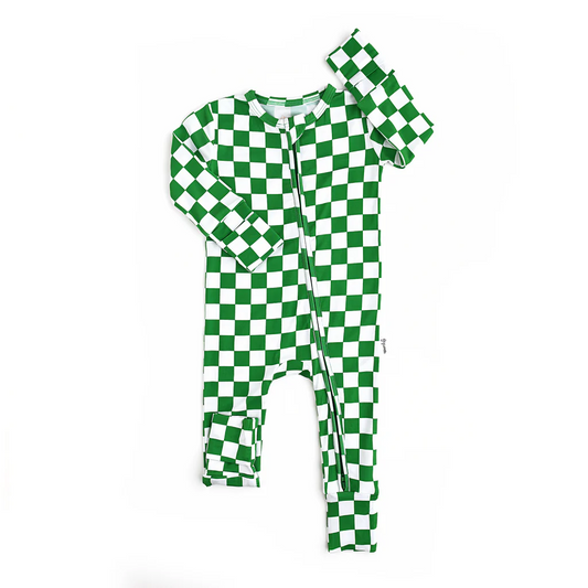 (Pre-order)LR1965 Green Plaid Print Baby Christmas Sleeper Zipper Romper