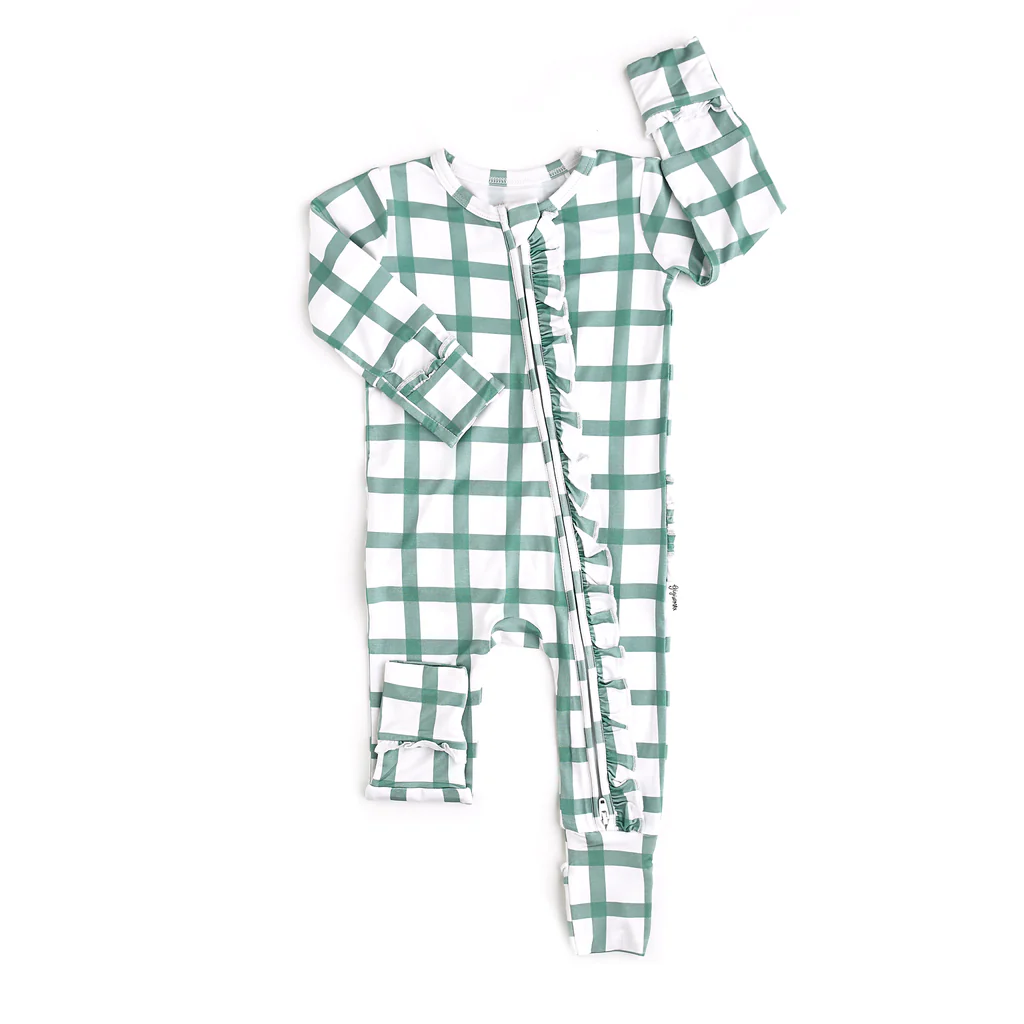 (Pre-order)LR1967 Green Plaid Print Baby Girls Christmas Sleeper Zipper Romper