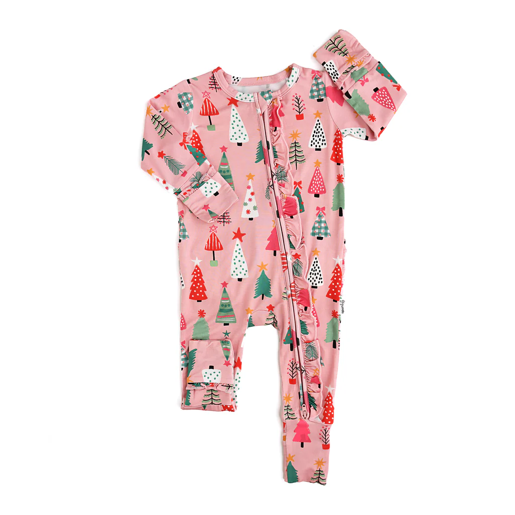 (Pre-order)LR1968 Colorful Tree Print Baby Girls Christmas Sleeper Zipper Romper