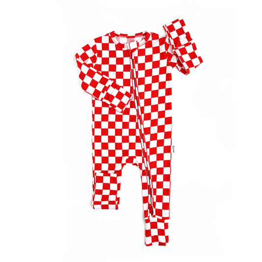 (Pre-order)LR1969 Red Plaid Print Baby Girls Christmas Sleeper Zipper Romper