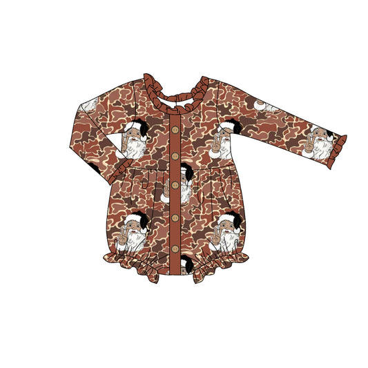 (Pre-order)LR1971 Santa Brown Camo Print Baby Girls Christmas Romper