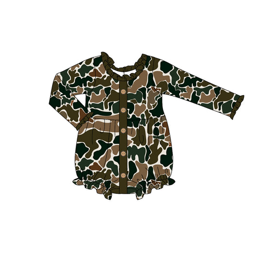 (Pre-order)LR1976 Dark Brown Camo Print Baby Girls Fall Romper