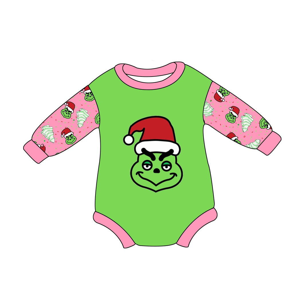 (Pre-order)LR1986 Green Frog Debbie Cake Print Baby Girls Christmas Romper