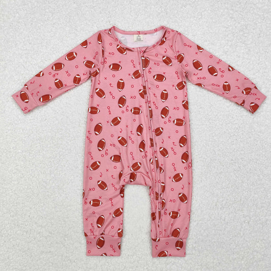 LR1988 Football Pink Print Baby Girls Fall Bamboo Sleeper Zipper Romper