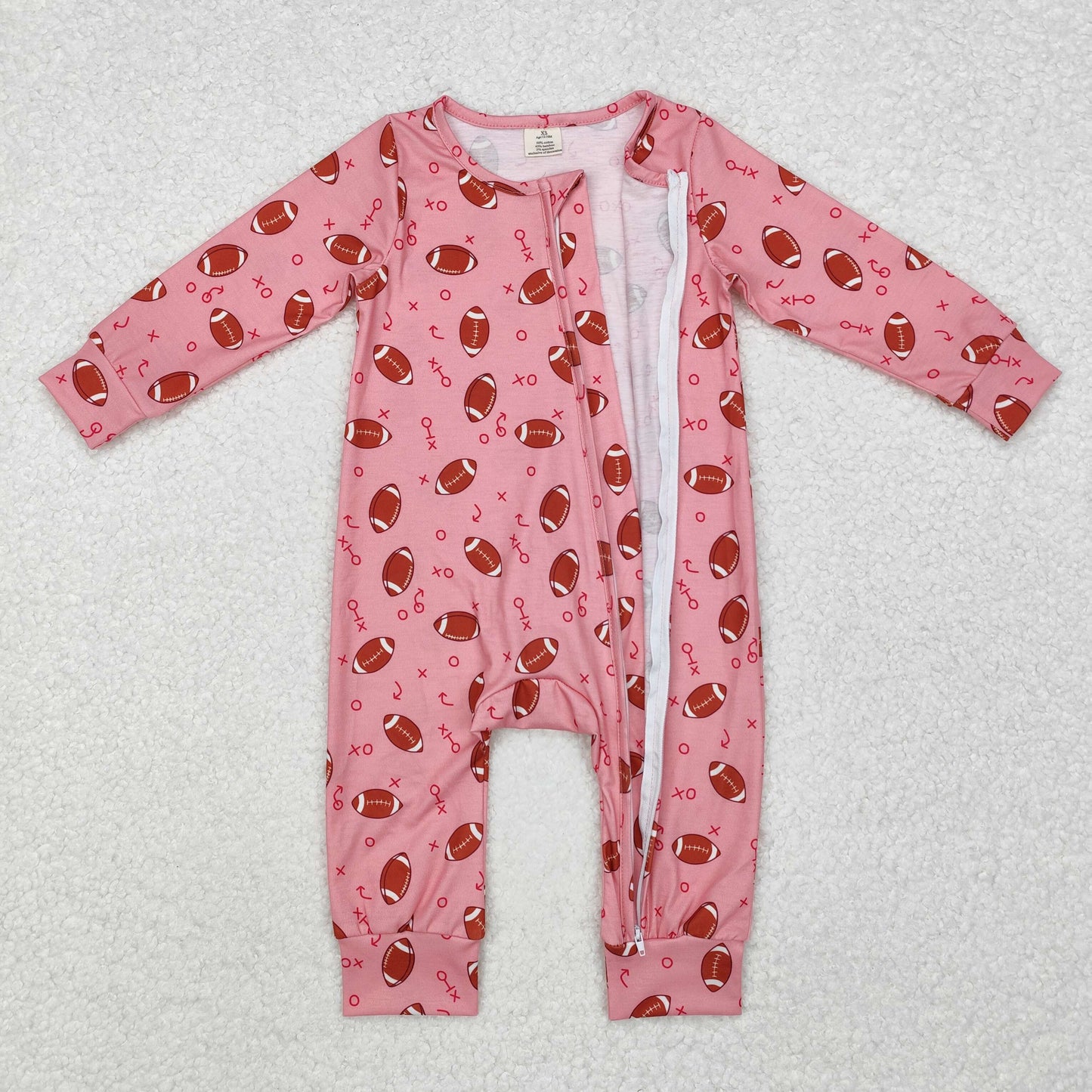 LR1988 Football Pink Print Baby Girls Fall Bamboo Sleeper Zipper Romper