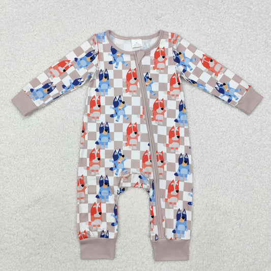 LR1990 Cartoon Dog Plaid Print Baby Fall Sleeper Zipper Romper