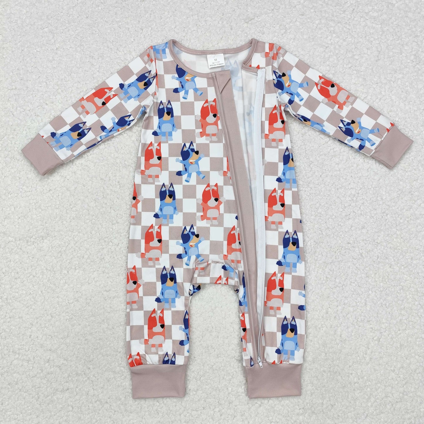 LR1990 Cartoon Dog Plaid Print Baby Fall Sleeper Zipper Romper