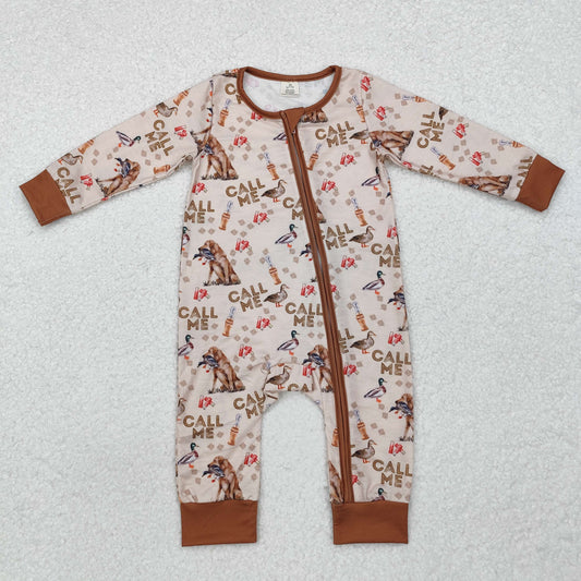 LR1991 CALL ME Dog Duck Brown Print Baby Boys Fall Bamboo Sleeper Zipper Romper