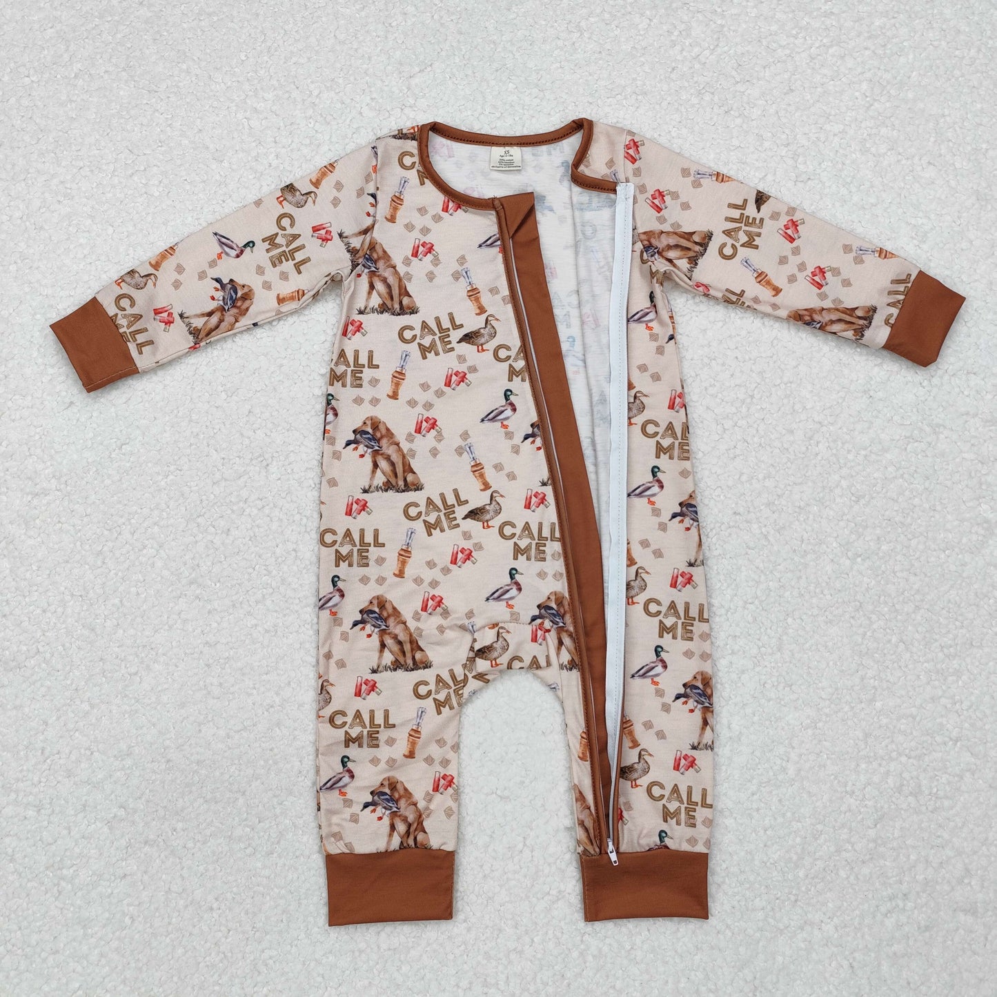 LR1991 CALL ME Dog Duck Brown Print Baby Boys Fall Bamboo Sleeper Zipper Romper