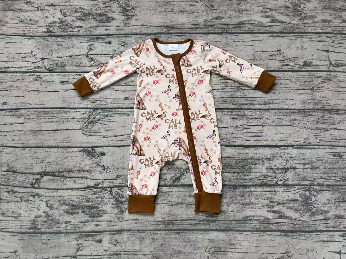 (Pre-order)LR1991 CALL ME Dog Duck Brown Print Baby Fall Sleeper Zipper Romper