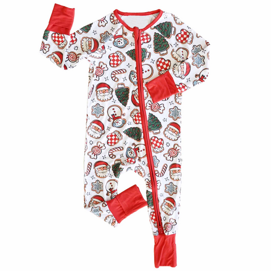 (Pre-order)LR1994 Santa Candy Print Baby Christmas Sleeper Zipper Romper