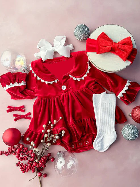 (Pre-order)LR1996 Red Velvet Baby Girls Christmas Buttons Romper