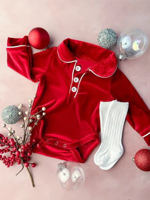 (Pre-order)GLD0922 Red Velvet Girls Christmas Buttons Knee Length Pajamas Gown Dress