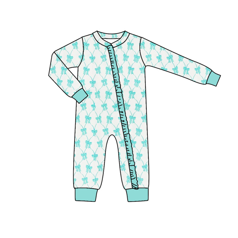 (Pre-order)LR2003 Aqua Bows Print Baby Girls Fall Sleeper Zipper Romper