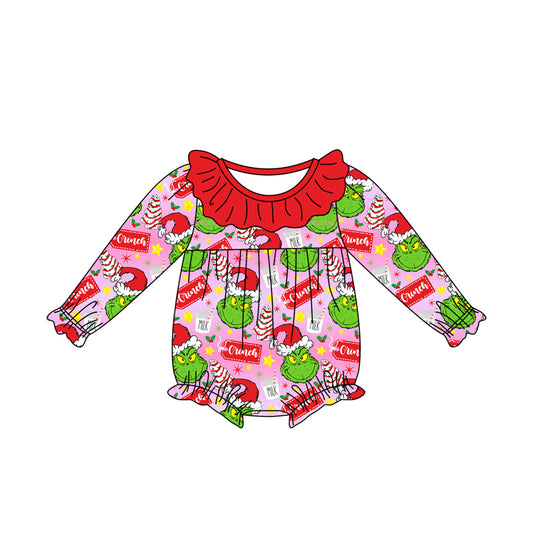 (Pre-order)LR2005 Green Frog Holly Milk Print Baby Girls Christmas Romper