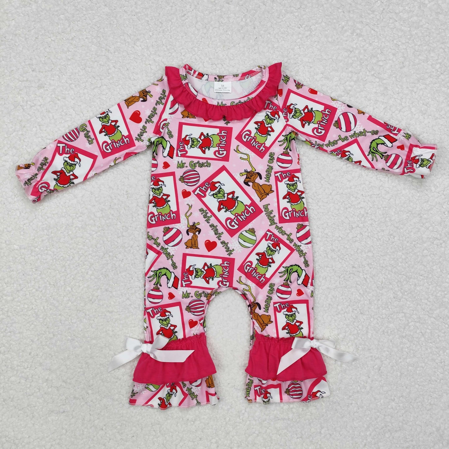 LR2006 Green Frog Pink Print Baby Girls Christmas Romper