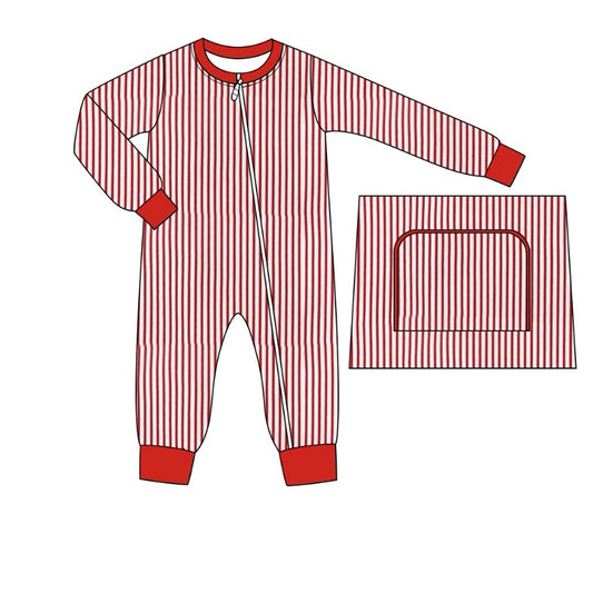 (Pre-order)LR2008 Red Stripes Print Baby Boys Christmas Sleeper Zipper Romper