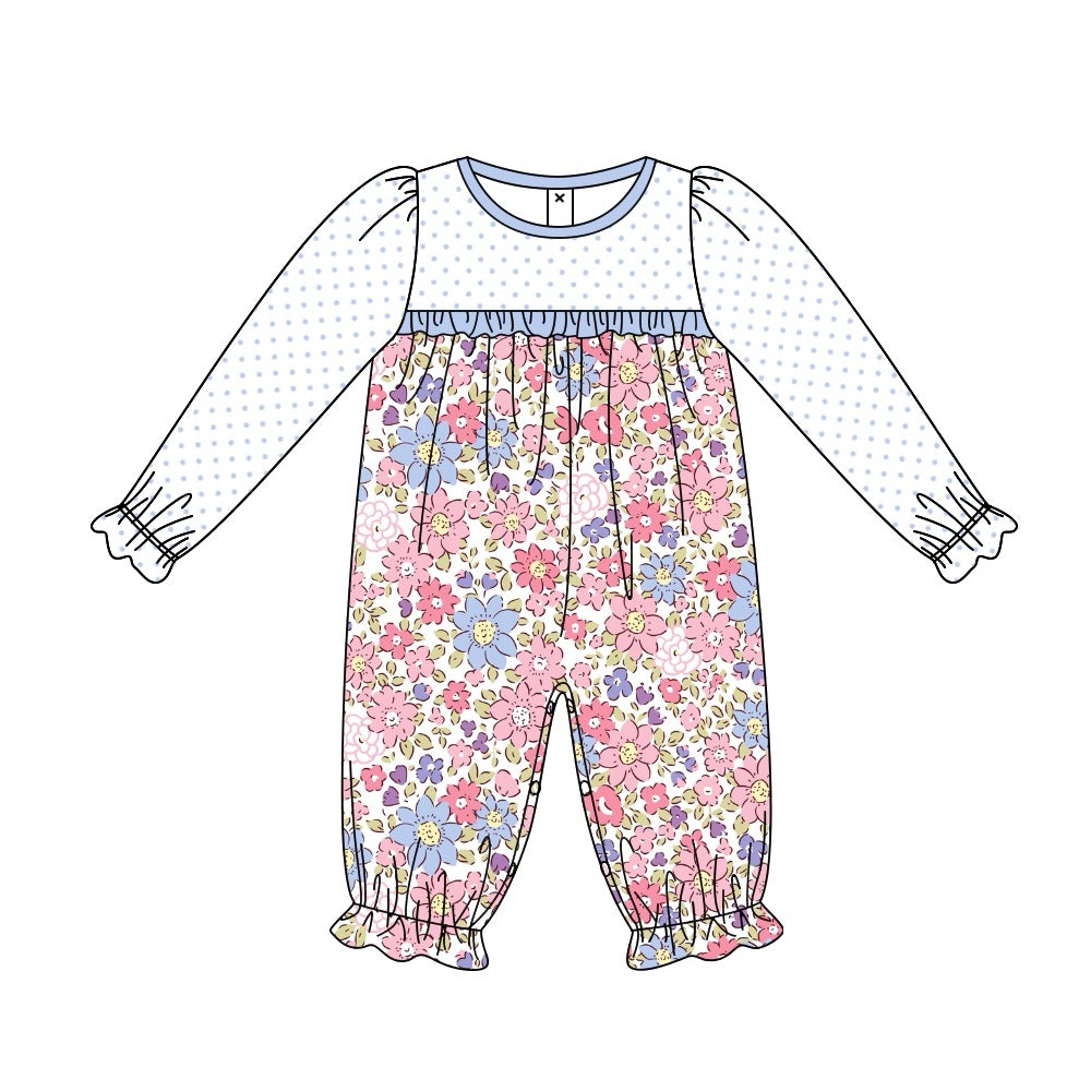 (Pre-order)LR2017  Blue Flowers Print Baby Girls Fall Romper