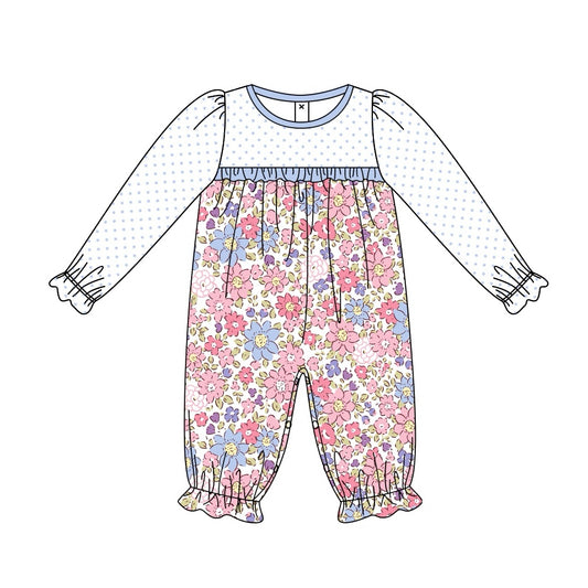 (Pre-order)LR2017  Blue Flowers Print Baby Girls Fall Romper