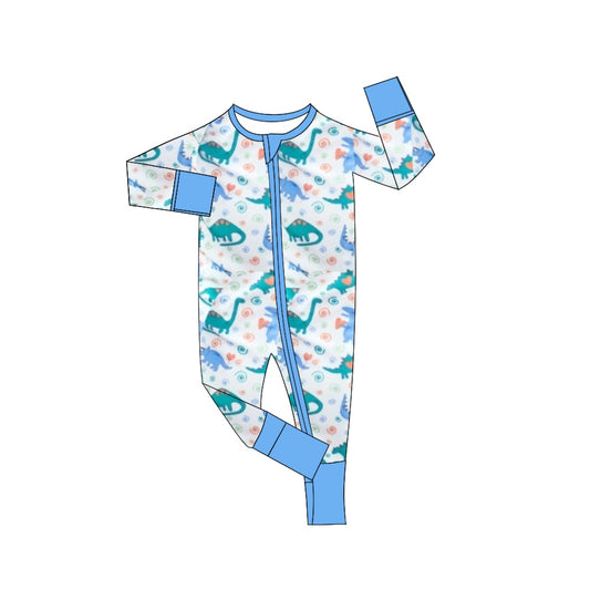 (Pre-order)LR2022  Dino Blue Print Baby Boys Fall Sleeper Zipper Romper