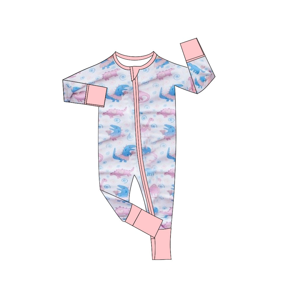 (Pre-order)LR2023  Dino Pink Print Baby Girls Fall Sleeper Zipper Romper