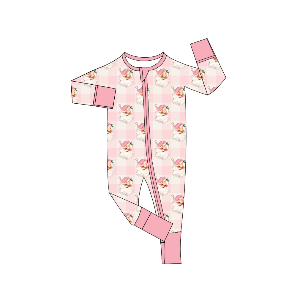 (Pre-order)LR2025 Santa Pink Plaid Print Baby Girls Christmas Sleeper Zipper Romper