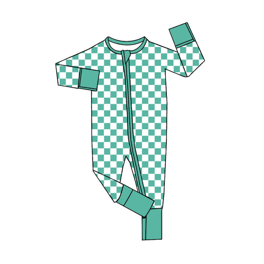 (Pre-order)LR2027 Green Plaid Print Baby Girls Fall Sleeper Zipper Romper