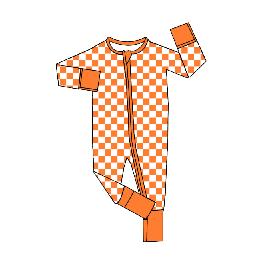 (Pre-order)LR2028 Orange Plaid Print Baby Girls Fall Sleeper Zipper Romper