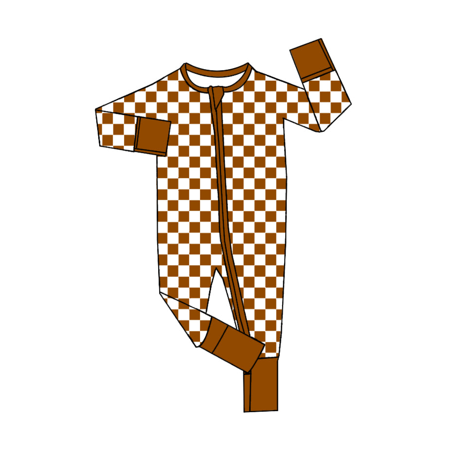 (Pre-order)LR2029 Brown Plaid Print Baby Girls Fall Sleeper Zipper Romper