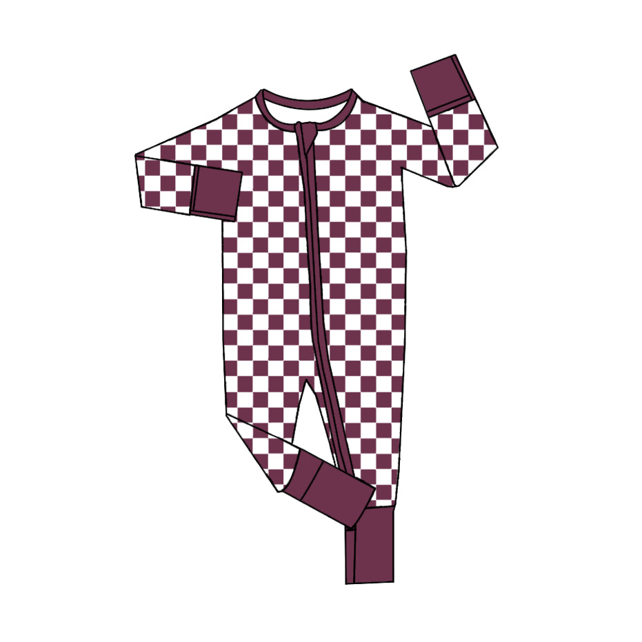 (Pre-order)LR2030 Dark Purple Plaid Print Baby Girls Fall Sleeper Zipper Romper