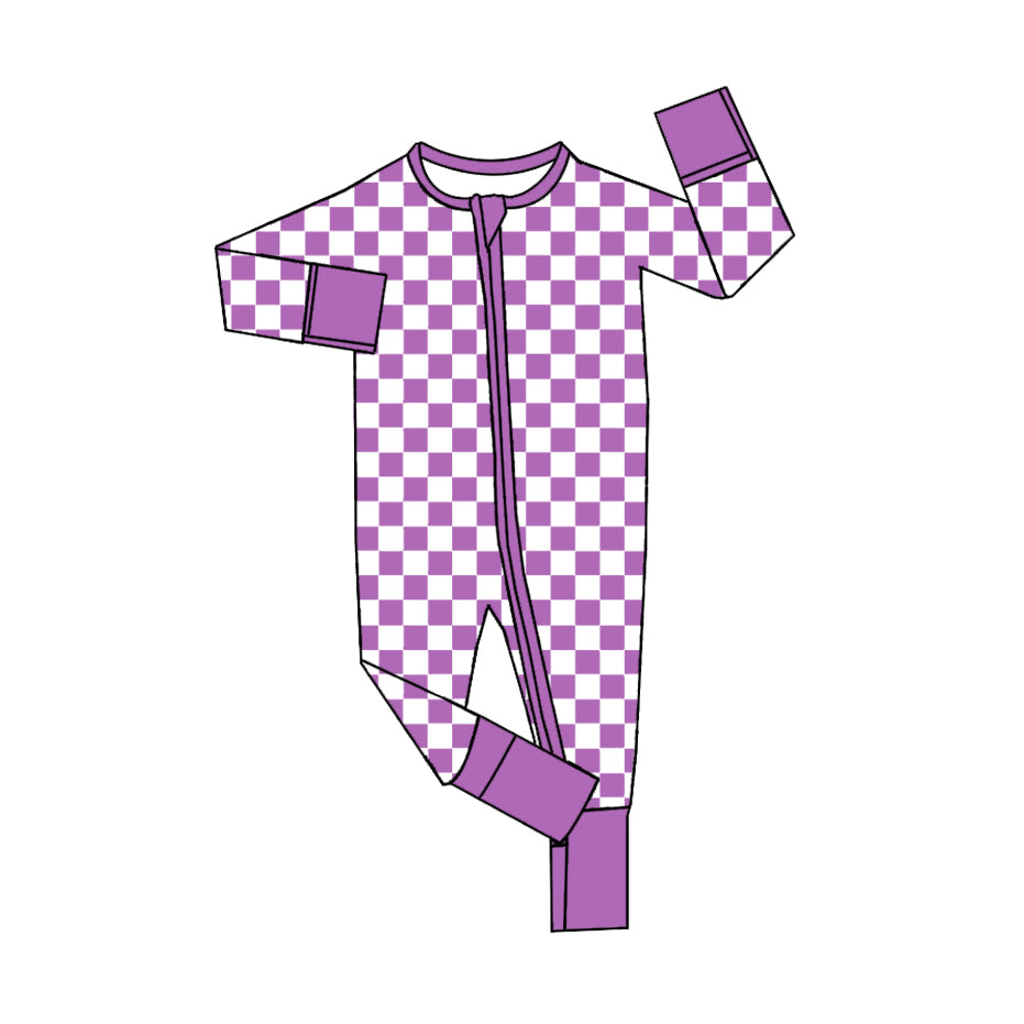 (Pre-order)LR2031 Purple Plaid Print Baby Girls Fall Sleeper Zipper Romper