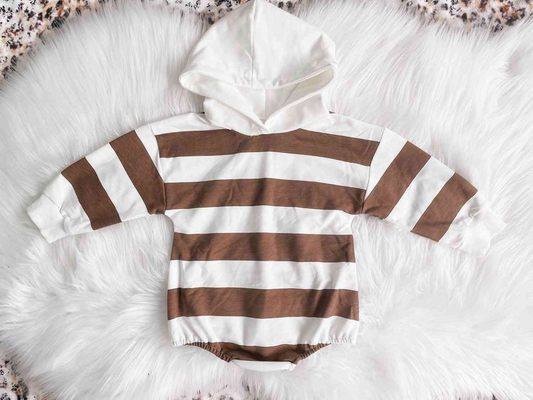 (Pre-order)LR2033  Brown Stripes Print Baby Boys Fall Hoodie Romper