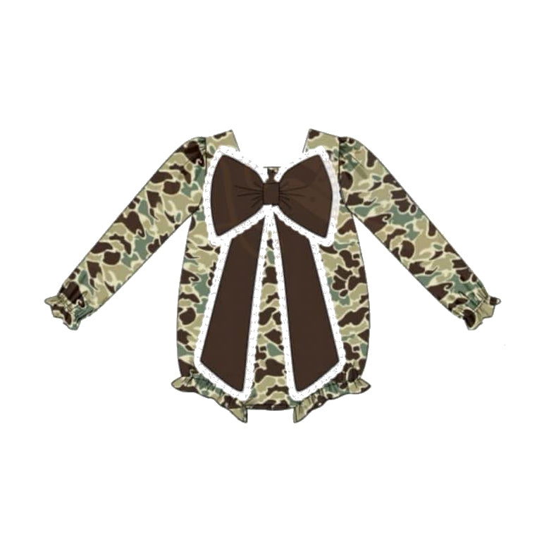 (Pre-order)LR2034  Camo Print Baby Girls Big Bow Fall Romper