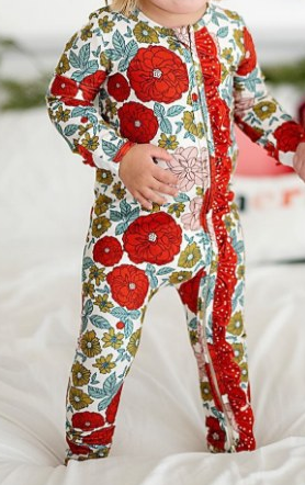 (Pre-order)LR2036  Red Flowers Print Baby Girls Fall Sleeper Zipper Romper