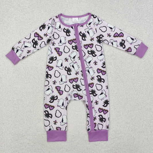 LR2038  Mardi Gras Purple Print Baby Girls Sleeper Zipper Romper