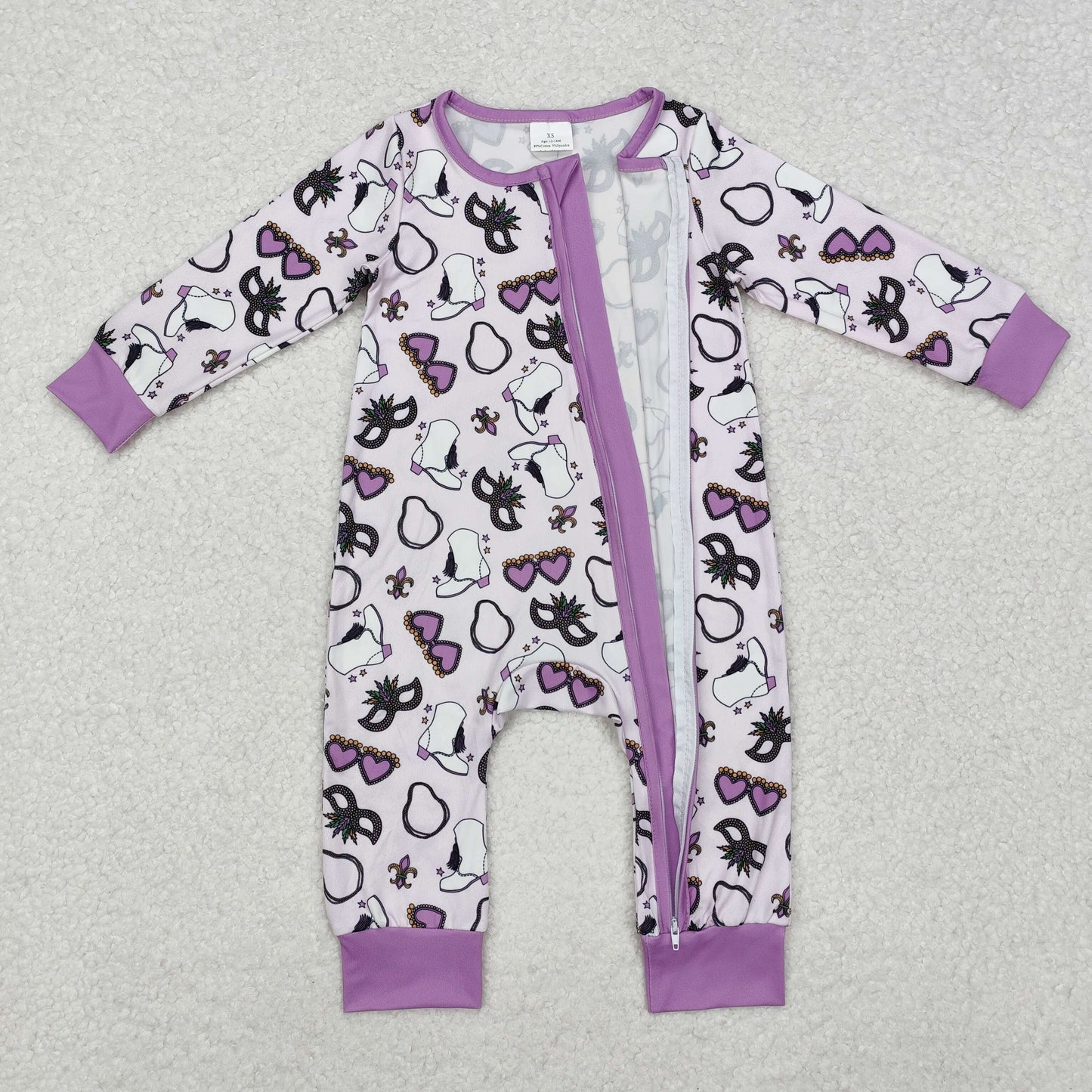 LR2038  Mardi Gras Purple Print Baby Girls Sleeper Zipper Romper