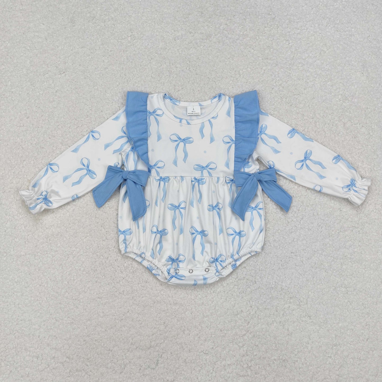 LR2043 Blue Bows Print Baby Girls Long Sleeve Romper