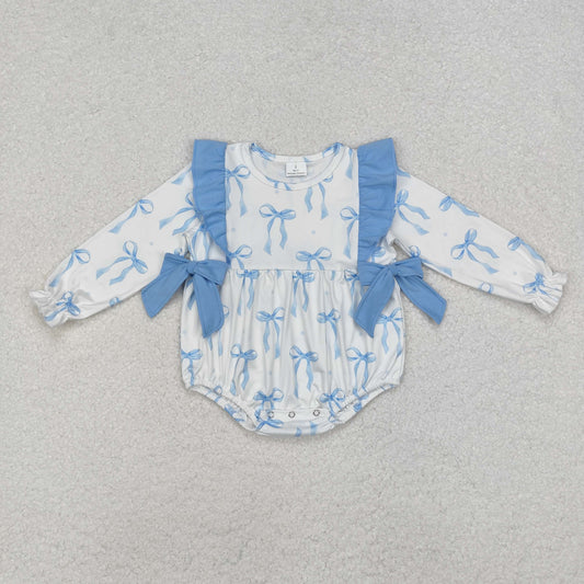 LR2043 Blue Bows Print Baby Girls Long Sleeve Romper