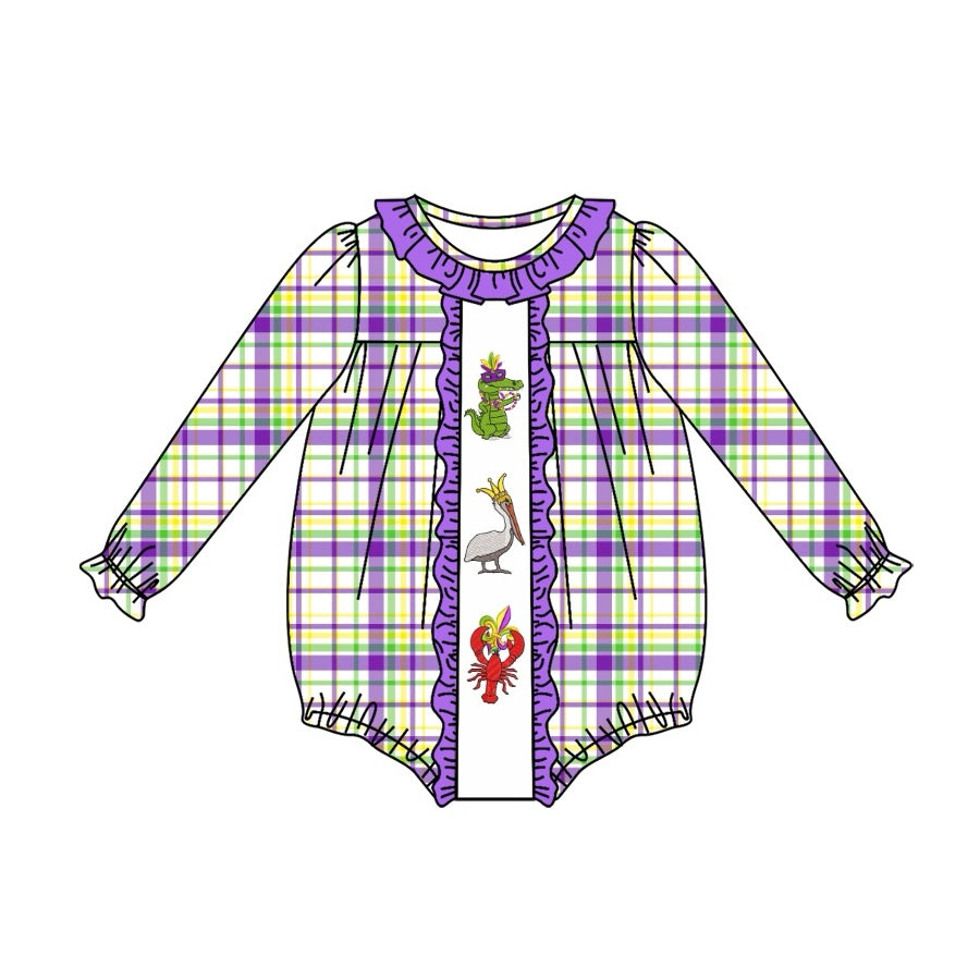 (Pre-order)LR2048 Crocodile Bird Crayfish Plaid Print Baby Girls Mardi Gras Romper
