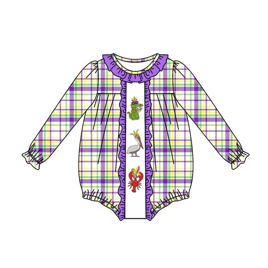 (Pre-order)LR2048 Crocodile Bird Crayfish Plaid Print Baby Girls Mardi Gras Romper
