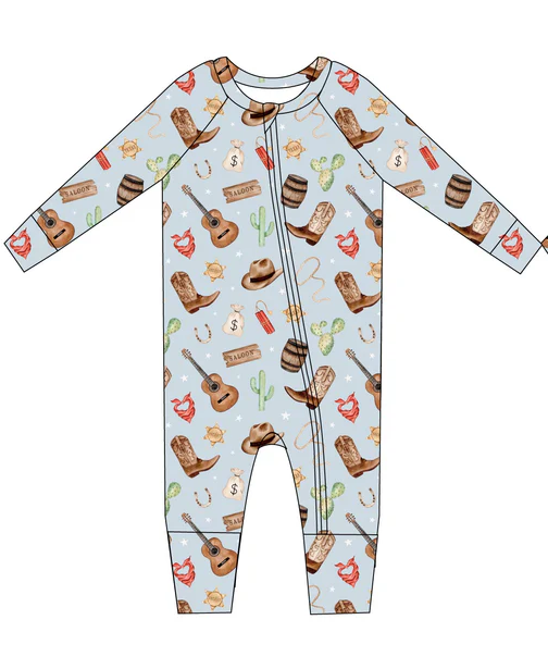 (Pre-order)LR2054 Guitar Cactus Boots Print Baby Boys Fall Sleeper Zipper Romper