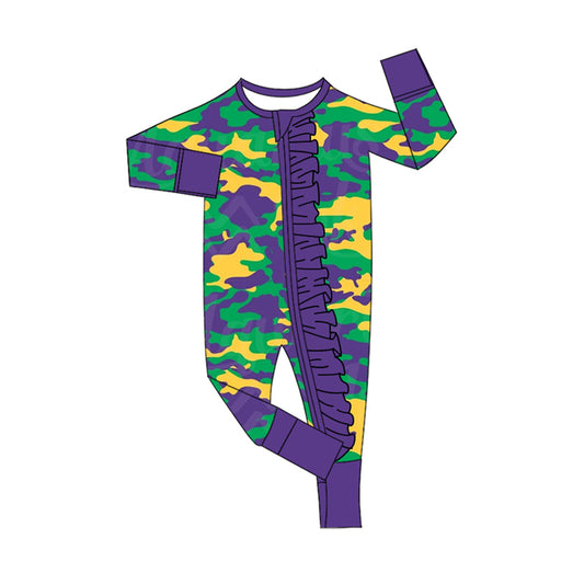 (Pre-order)LR2056 Green Yellow Purple Camo Print Baby Girls Mardi Gras Sleeper Zipper Romper