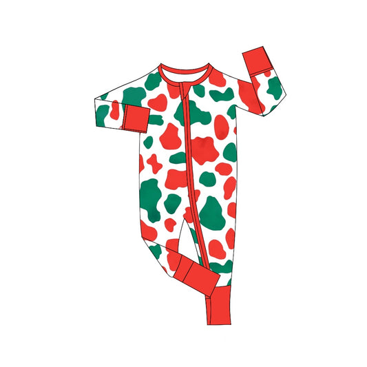 (Pre-order)LR2060 Red Green Cowhide Print Baby Boys Christmas Sleeper Zipper Romper