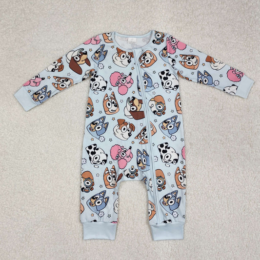 LR2062 Cartoon Dog Stars Blue Print Baby Fall Sleeper Zipper Romper