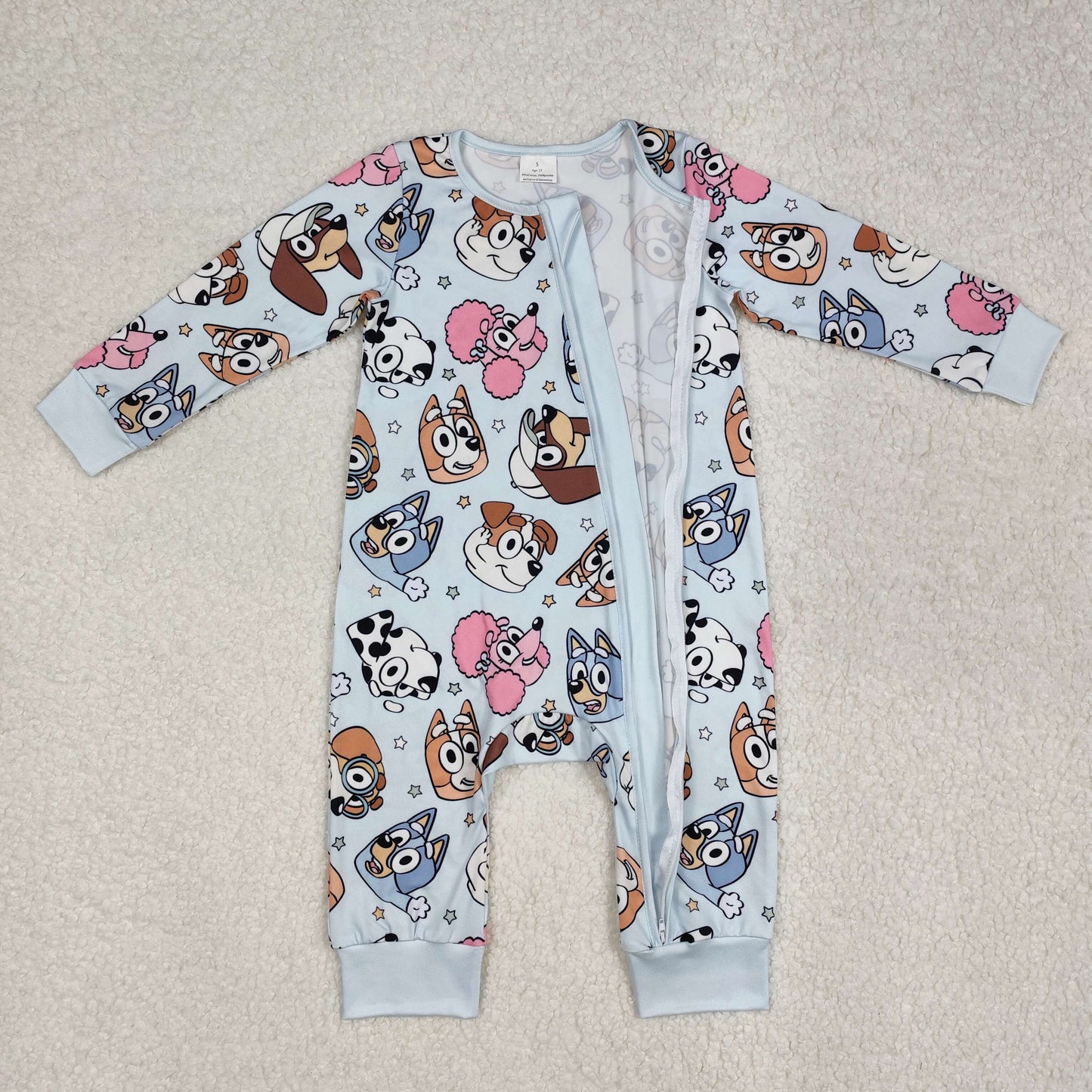 LR2062 Cartoon Dog Stars Blue Print Baby Fall Sleeper Zipper Romper