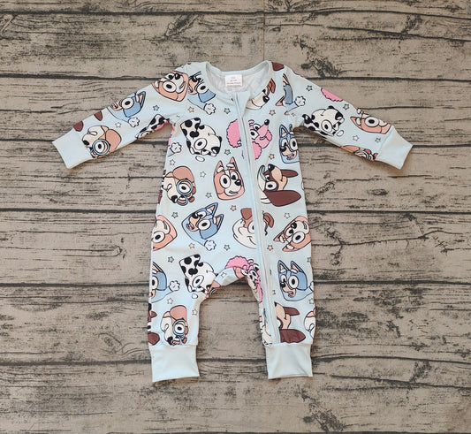 (Pre-order)LR2062 Cartoon Dog Stars Blue Print Baby Fall Sleeper Zipper Romper