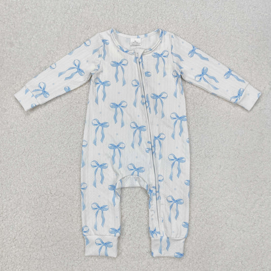 LR2070 Blue Bows Baby Girls Cable Knit Fabric Sleeper Zipper Romper